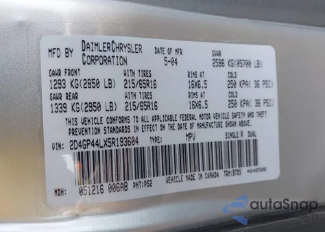 2005 Dodge Grand Caravan Sxt z USA, uszkodzony, nr VIN 2D4GP44LX5R193604